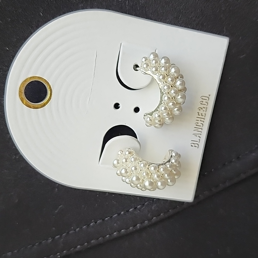 White Faux Pearl Half Hoop Earrings. - Picture 3 of 3